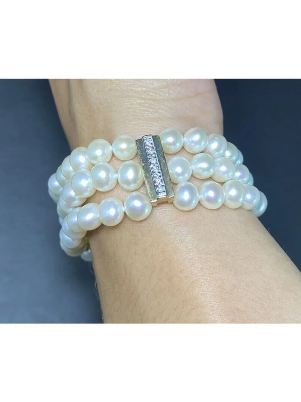 14k Gold Pearl And Diamond Spacer Bracelet 3 Rows Knotted 7.5 inches 18 Diamonds